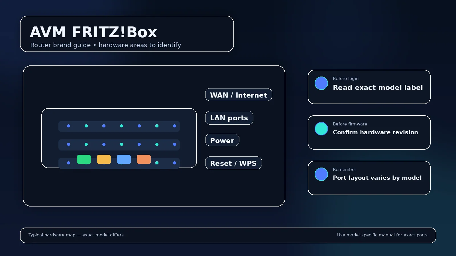 Illustrated router brand visual for AVM FRITZ!Box showing the device body and highlighted rear ports