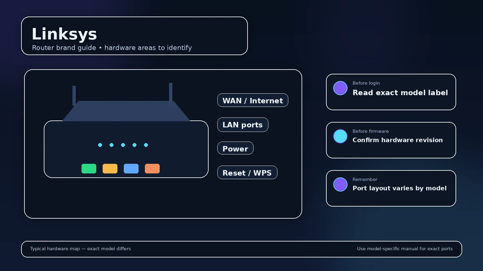 Illustrated router brand visual for Linksys showing the device body and highlighted rear ports
