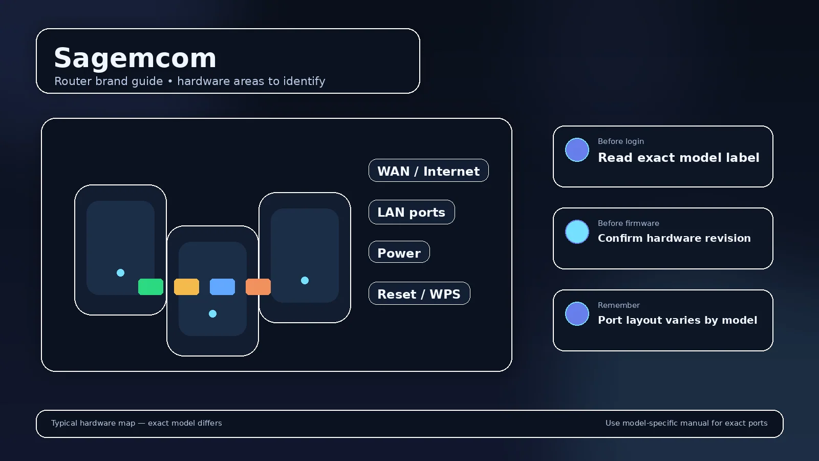 Illustrated router brand visual for Sagemcom showing the device body and highlighted rear ports
