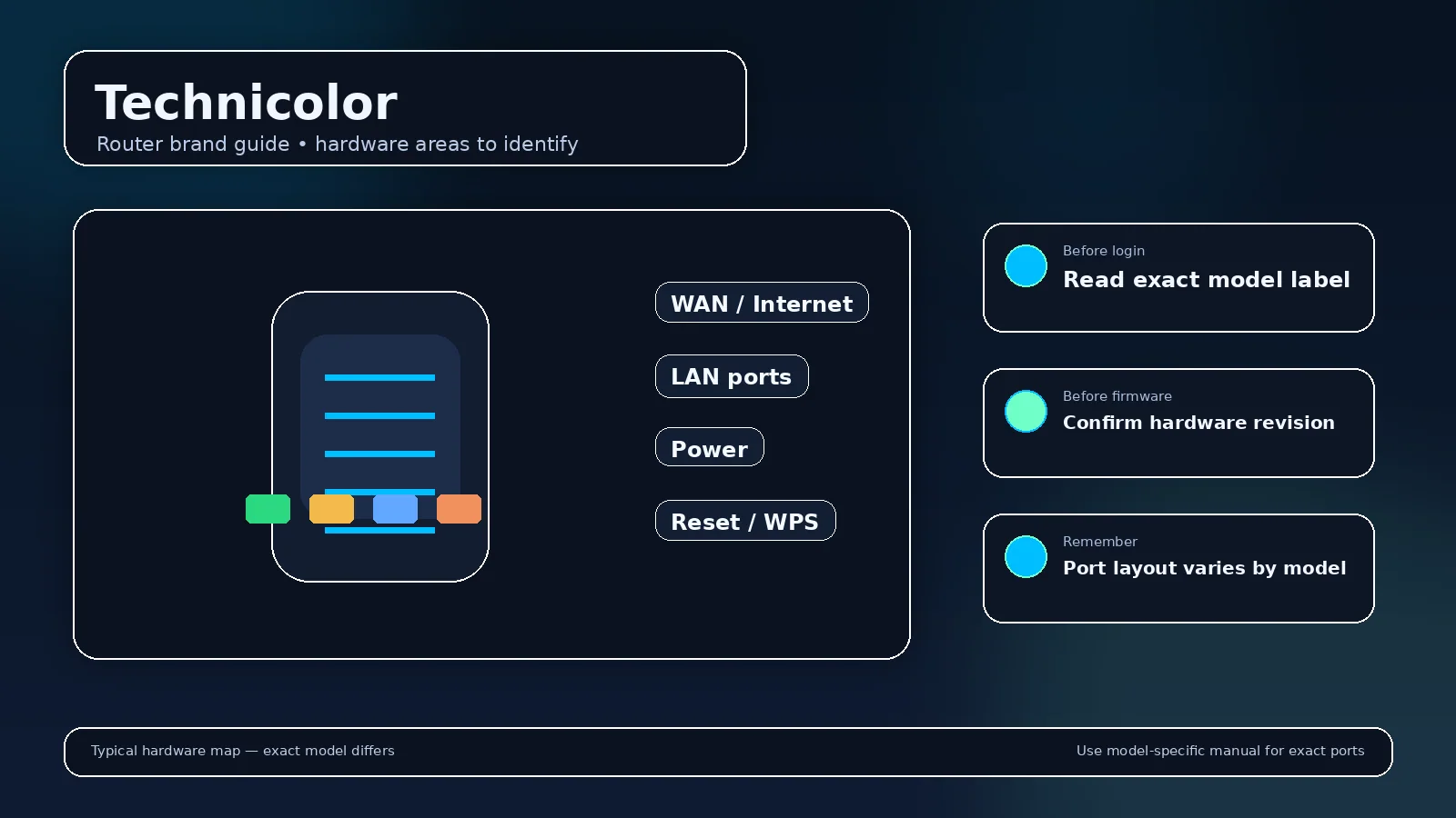 Illustrated router brand visual for Technicolor showing the device body and highlighted rear ports