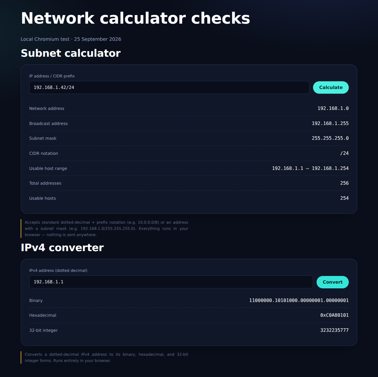 Actual local Chromium test of this theme on 25 September 2026: 192.168.1.42/24 and IPv4 conversion of 192.168.1.1. This is not a router-device test.